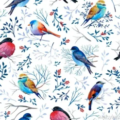 Tapeta: Gouahe seamless pattern with bright birds on branches with leaves