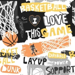 Tapeta: Grafika z ilustracjami i napisami z motywem koszykówki