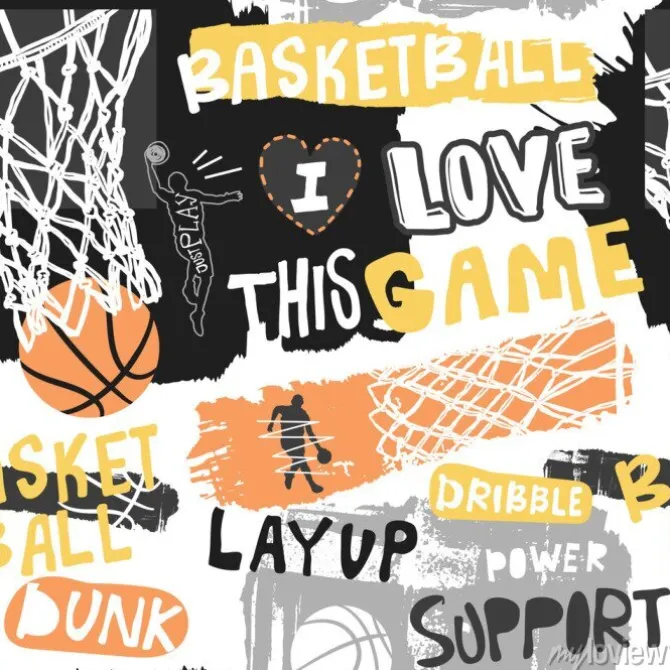 Tapeta: Grafika z ilustracjami i napisami z motywem koszykówki