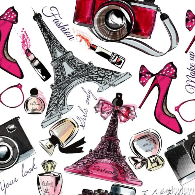 Tapeta: Grafika z wieżą eiffla aparatami perfumami i szpilkami