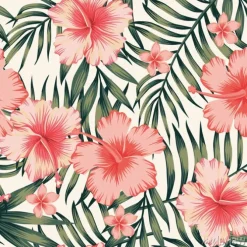 Tapeta: Hibiskus różowe liście palmowe ciemnozielony wzór