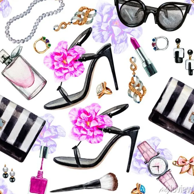 Tapeta: Jednolite wzór akwarela z różnymi akcesoriami kobiet