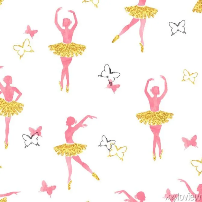 Tapeta: Jednolite wzór z taniec baleriny i motyle w akwarelą różowe i