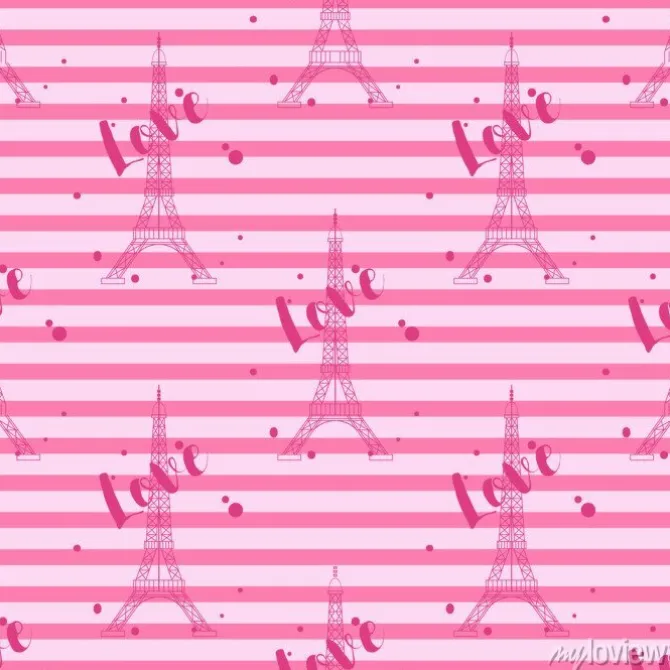 Tapeta: Jednolite wzór z wieży eiffla i love słowo na różowym tle paski.