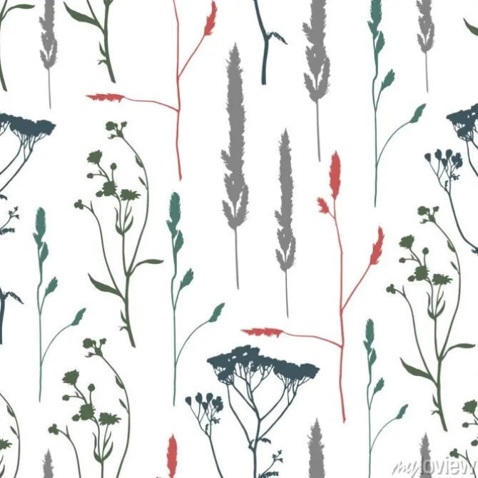 Tapeta: Jednolite wzór z ziół sylwetki. medow. tło.