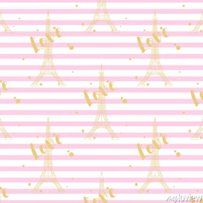 Tapeta: Jednolite wzór ze złota wieża eiffla i love słowo na różowym