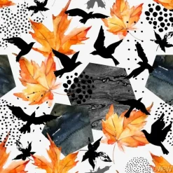 Tapeta: Jesienią akwarela tła: liści, sylwetki ptaków, sześcioboków.