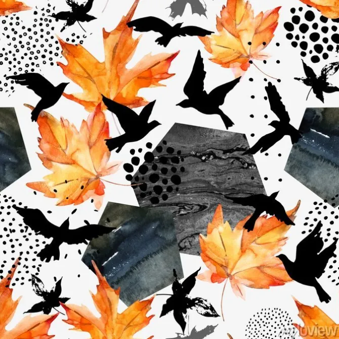 Tapeta: Jesienią akwarela tła: liści, sylwetki ptaków, sześcioboków.