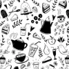 Tapeta: Kawa, herbata i desery bez szwu deseń. czarno-białe tło z jedzeniem