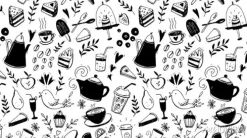 Tapeta: Kawa, herbata i desery bez szwu deseń. czarno-białe tło z jedzeniem