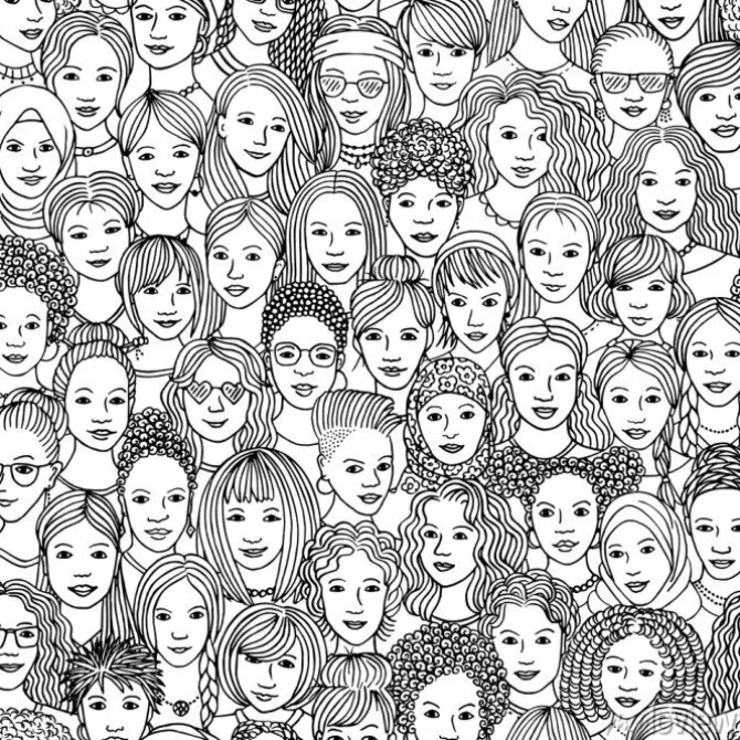 Tapeta: Kobiety - ręka rysujący bezszwowy wzór tłum różne kobiety od