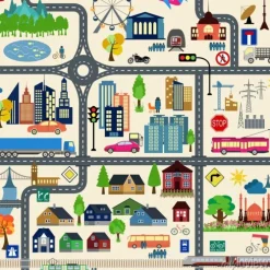 Tapeta: Kolorowa dziecięca mapa miasta z drogami i budynkami