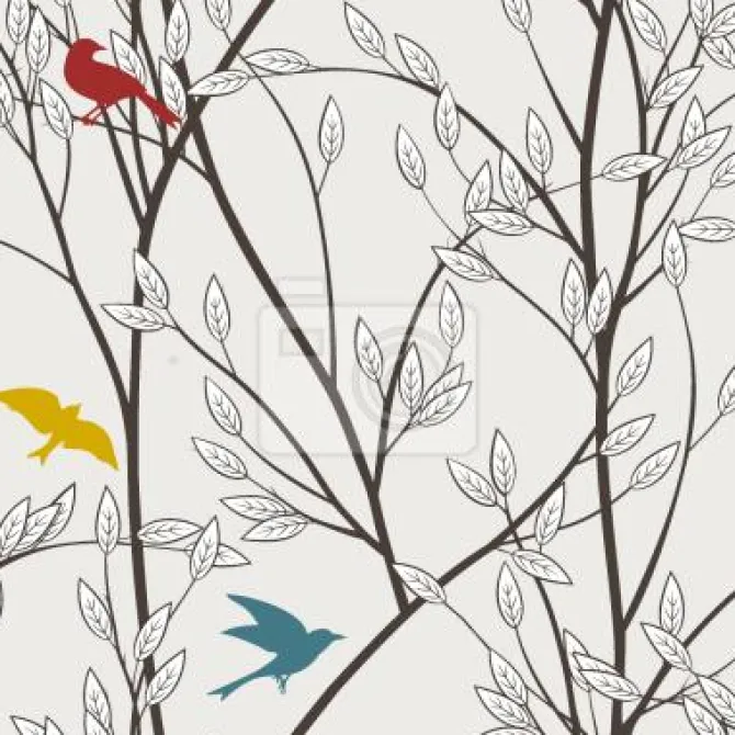 Tapeta: Kolorowe ptaki na czarno-białym tle lasu