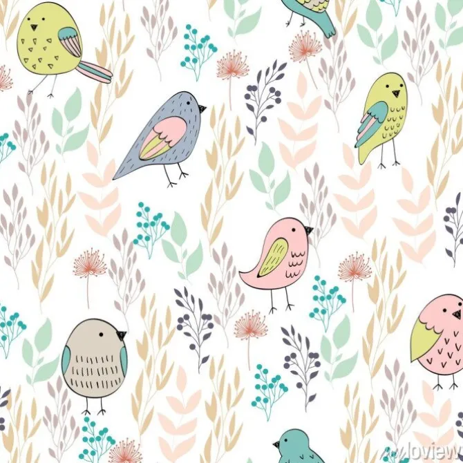 Tapeta: Kolorowe ptaszki i rośliny tworzące delikatny wzór