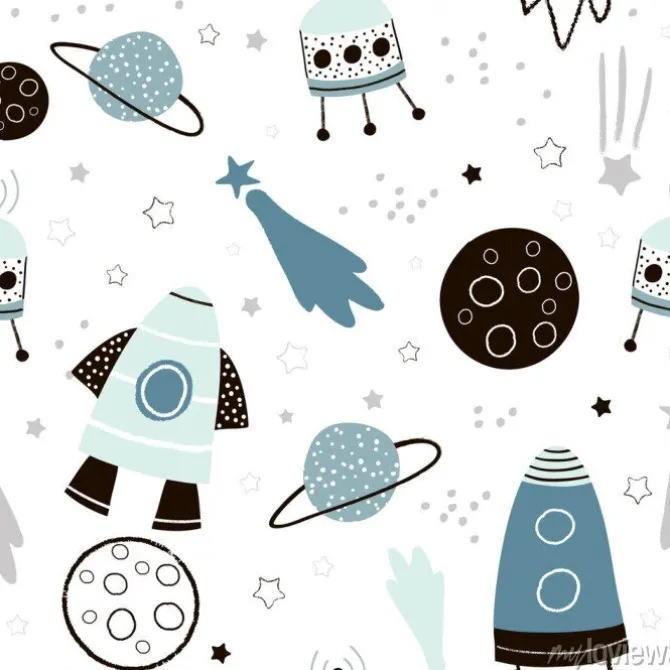 Tapeta: Kosmiczne motywy na białym tle dla dzieci