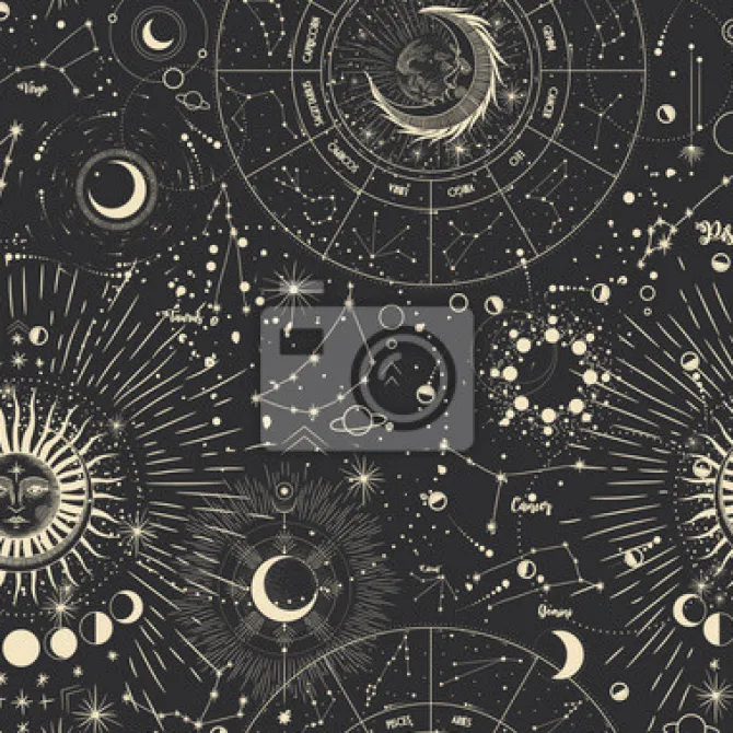 Tapeta: Kosmiczne symbole i fazy księżyca na ciemnym tle