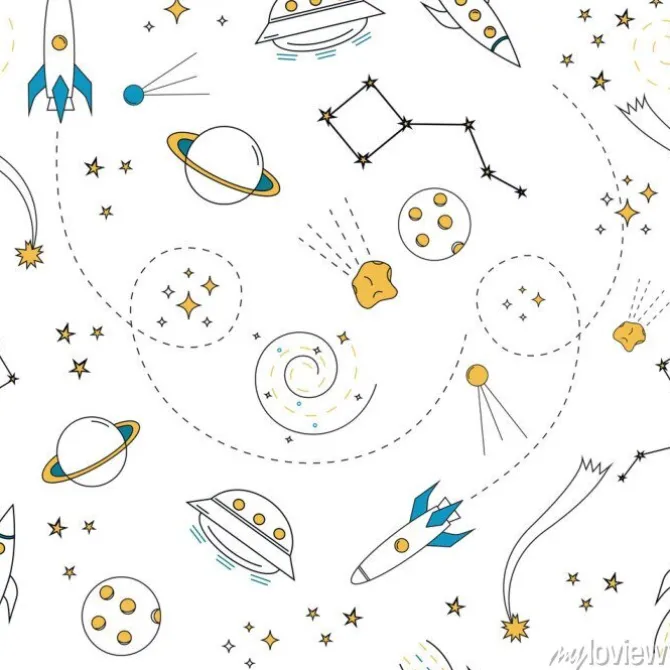 Tapeta: Kosmiczny wzór z rakietami i planetami