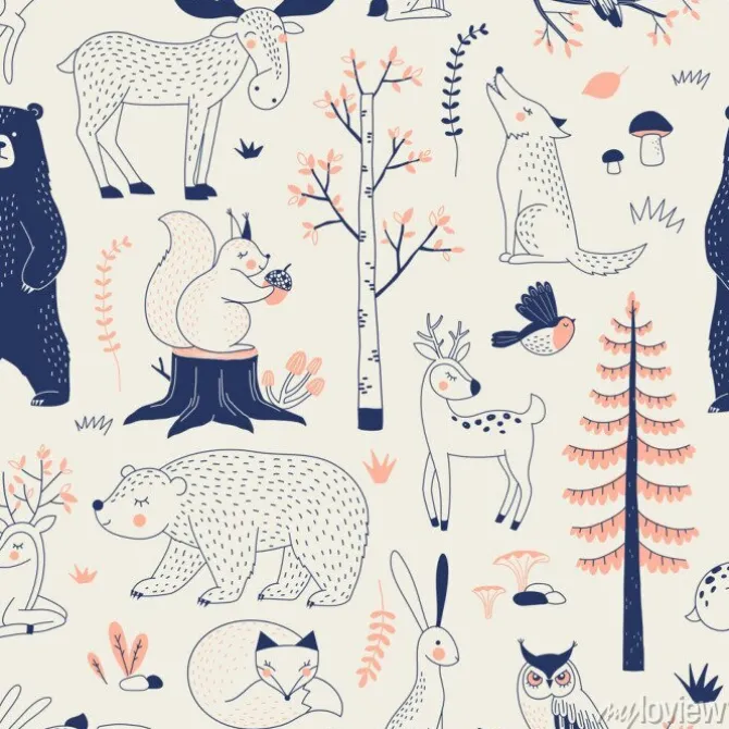 Tapeta: Krajobraz leśny z niedźwiedziem jeleniem zającem wilkiem łosiem