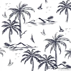 Tapeta: Krajobraz z drzew palmowych, plaży i oceanu wektor ręcznie rysowane