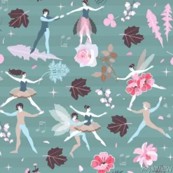 Tapeta: Kreskówka wróżki i elfy z liści i kwiatów na zielonym tle pasiasty.