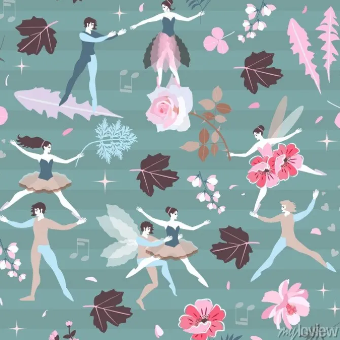 Tapeta: Kreskówka wróżki i elfy z liści i kwiatów na zielonym tle pasiasty.