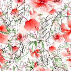 Tapeta: Kwiaty hibiskusa na tle zielonych gałązek