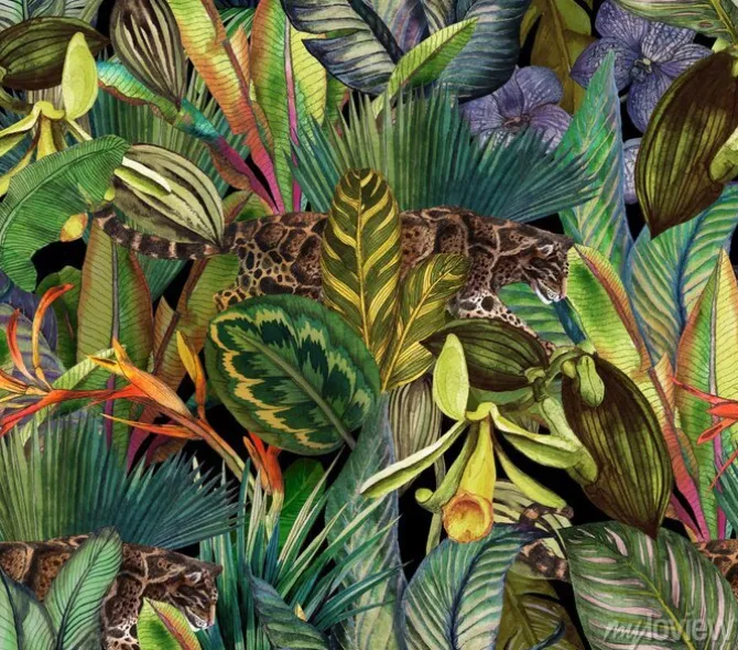 Tapeta: Lampart wśród kolorowych egzotycznych liści i kwiatów