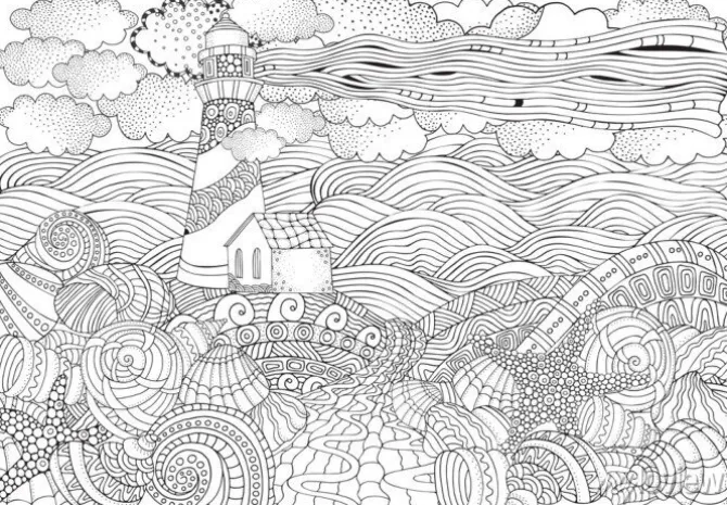 Tapeta: Latarnia morska i muszle, pejzaż morski.