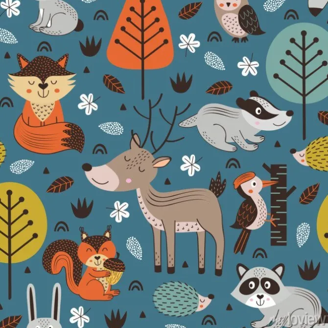 Tapeta: Leśne zwierzęta na niebieskim tle z drzewami