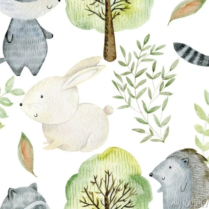 Tapeta: Leśny wzór w bajkowe zwierzęta