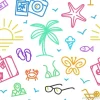 Tapeta: Letnie wakacje wzór z różnych ikon podróży w liniowym stylu.