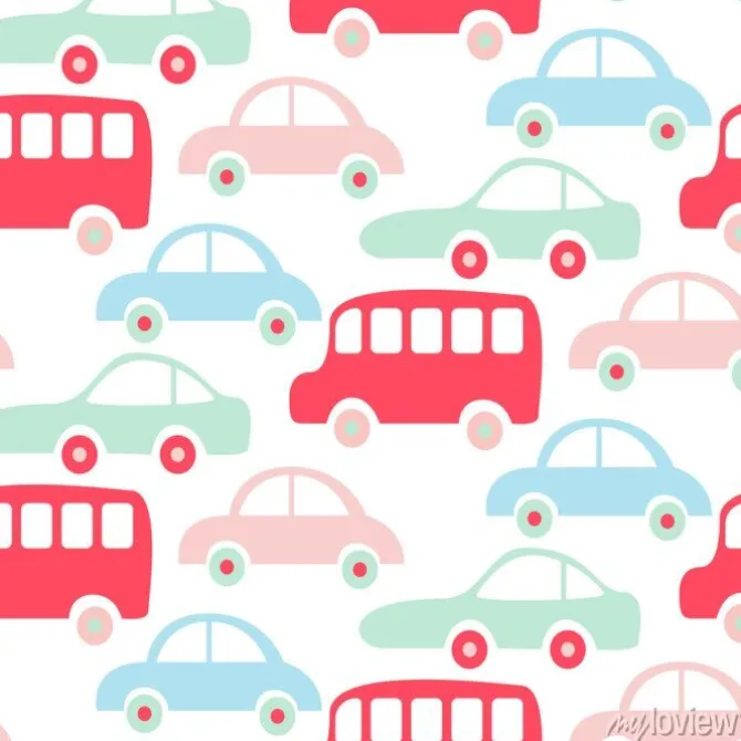 Tapeta: Śliczne kolorowe autobusy i samochody bez szwu tapety wzór.