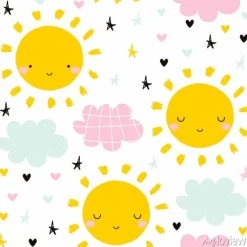 Tapeta: Śliczny bezszwowy wzór z słońcem i chmurami. grafika dla dzieci.