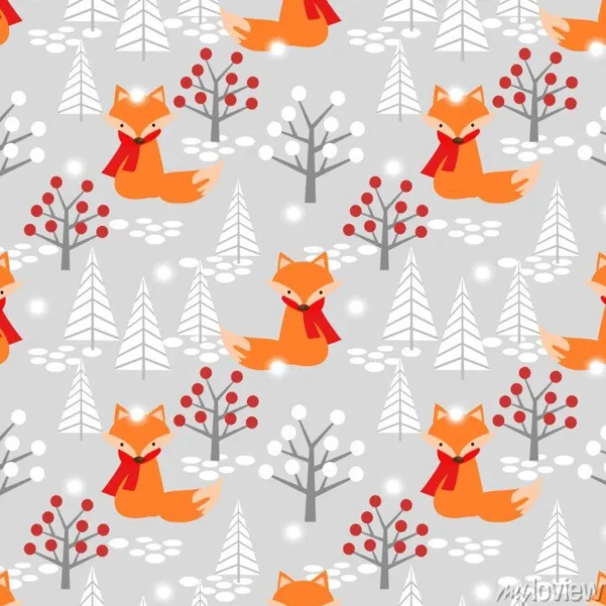 Tapeta: Śliczny lis w bożenarodzeniowej zimy bezszwowym wzorze.