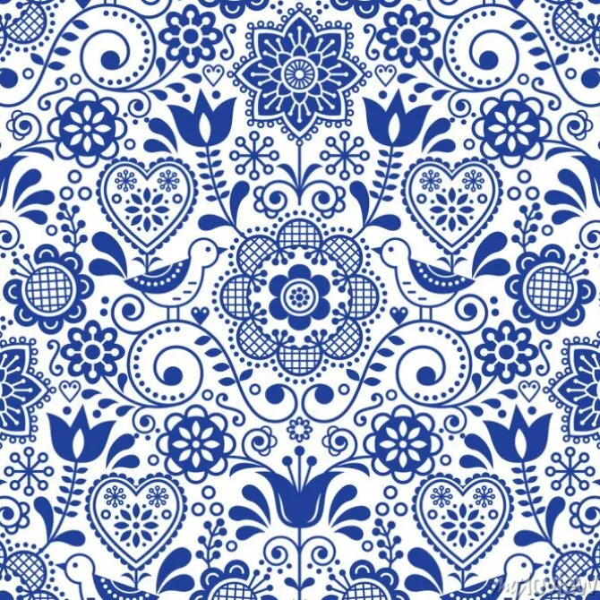 Tapeta: Ludowy ornament w kolorze niebieskim