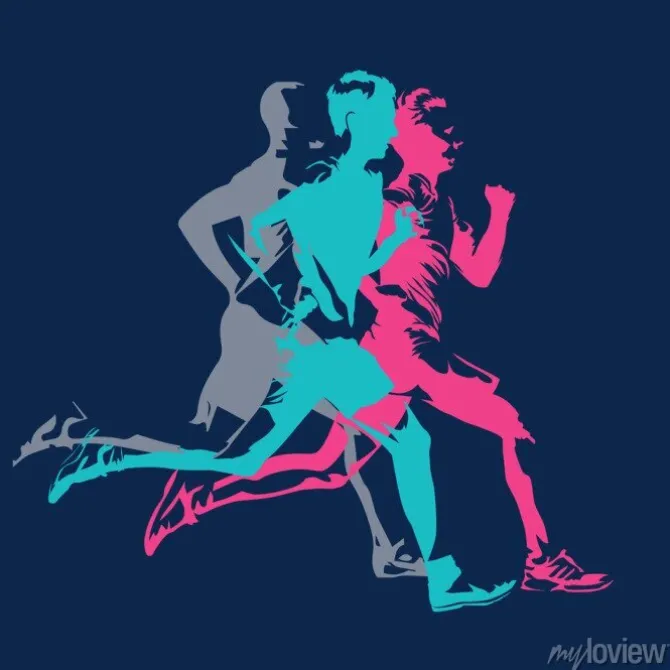 Tapeta: Maraton działa, abstrakcyjne kolorowe sylwetki dorosłych biegaczy,