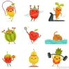 Tapeta: Śmieszne owoce robią ćwiczenia fitness. zestaw kreskówek wektorowych
