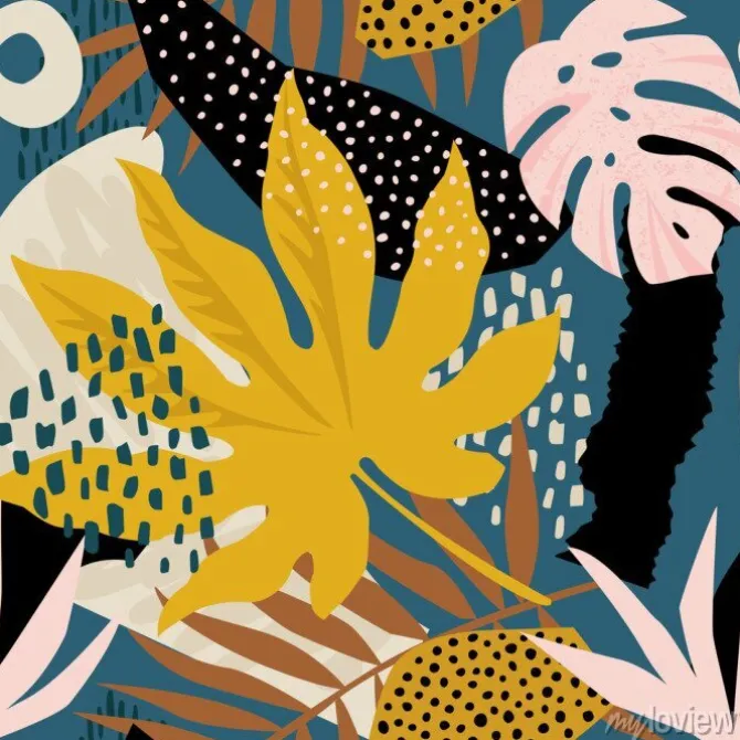 Tapeta: Modny egzotyczny wzór z tropikalnymi roślinami i zwierzęcymi