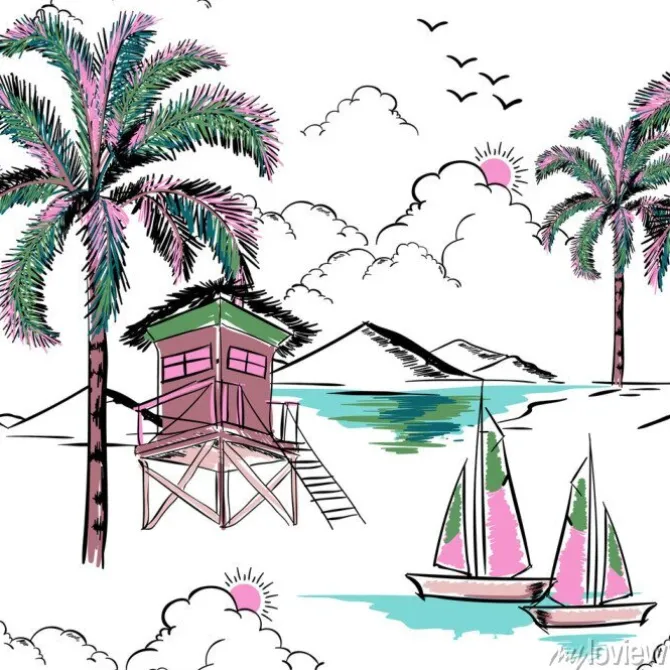 Tapeta: Modny hawajczyk w słodki kolor bezszwowe wyspa wektor wzór. krajobraz