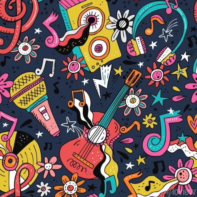 Tapeta: Motywy muzyczne i instrumenty w stylu doodle