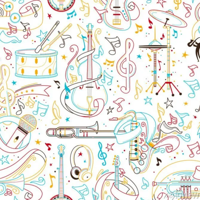 Tapeta: Musical instruments hand drawn outline seamless pattern