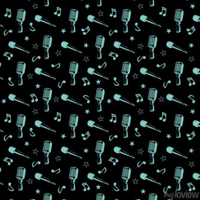 Tapeta: Muzykalny szwu - notatki muzyczne, gwiazdy i mikrofony