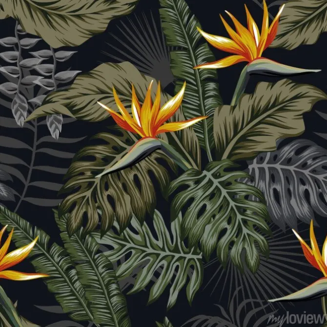Tapeta: Noc tropikalnych bez szwu deseń roślin i kwiatów