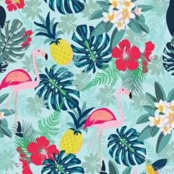 Tapeta: Ozdobny wzór z liści flamingów, ananasów, tukanów i monstera.