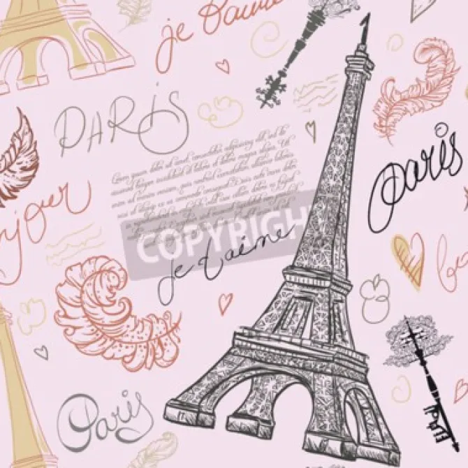 Tapeta: Paryż. vintage szwu z wieży eiffla, starożytnych kluczy, piór