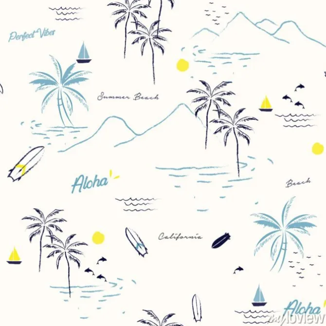 Tapeta: Piękny bezszwowy wyspa wzór na białym tle. krajobraz z drzew