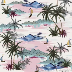 Tapeta: Piękny bezszwowy wyspa wzór na białym tle. krajobraz z palmami,