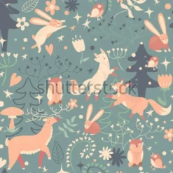 Tapeta: Piękny wzór z słodkie lisy, jelenie, sowa, królik, kwiaty, drzewa