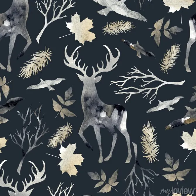 Tapeta: Północny lasowy bezszwowy wzór z rogaczem, ptakami, liści elementami.
