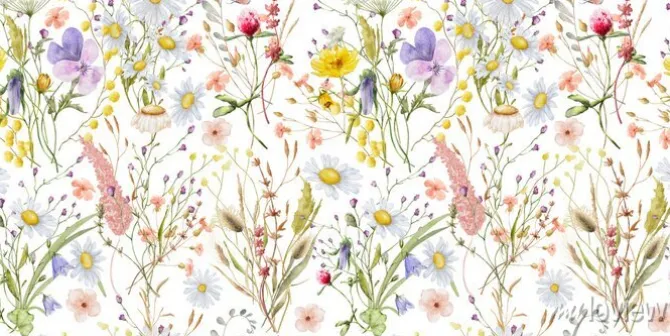 Tapeta: Polne kwiaty na białym tle kolorowe przedstawienie łąki